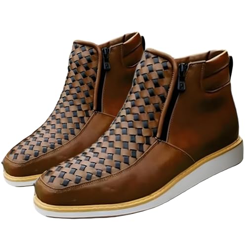 Handgefertigte Western-Cowboystiefel von Zenfaze, doppelseitiger Reißverschluss, handgewebter Cowboystiefel aus Leder mit quadratischer Zehenpartie for Herren(Brown,US8.5) von Generic