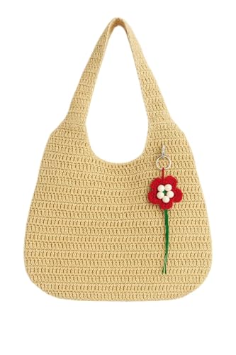 Handgefertigte gehäkelte Umhängetasche mit Blumenanhänger - Boho gewebte Tote Geldbörse für Frauen - Natürliche Stroh-Stil Tasche mit roter Häkelblume Schlüsselanhänger von Generic