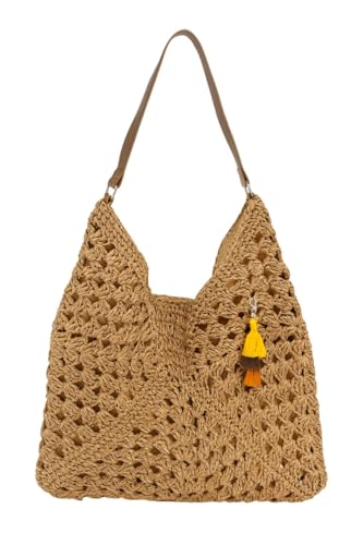 Handgefertigte gehäkelte Umhängetasche mit Boho-Strickcharme - Boho gewebte Tote Geldbörse für Frauen - Natürliche Stroh-Stil Tasche mit rotem Häkelblumen-Schlüsselanhänger von Generic