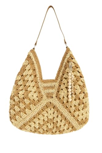 Handgefertigte gehäkelte Umhängetasche mit Charme - Boho gewebte Tote Geldbörse für Frauen - Natürliche Stroh Stil Tasche mit roter Häkelblume Schlüsselanhänger von Generic