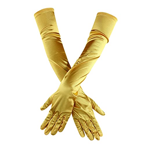 Handschuhe Damen Fingerlos Mit Kappe Handschuhe Ohne Finger Damen Mit Fell Lange Satin Handschuhe Finger Frauen Braut Dance-Handschuhe Länge Ellenbogen Opera 20er Jahre Handschuhe E (Yellow, One Size) von Generic