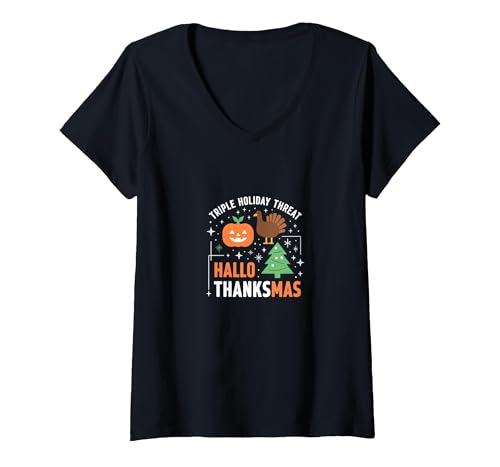 Happy Hallothanksmas Triple Holiday Threat Celebration T-Shirt mit V-Ausschnitt, Damen, Schwarz, L von Generic