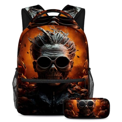 Happy Halloween Rucksack und Federmäppchen Set – perfekt für Studenten, Kinder, Jungen und Mädchen, Mehrfarbig #08, B：29.4x20x40cm P：19x7.5x3.8cm, Daypack Rucksäcke von Generic