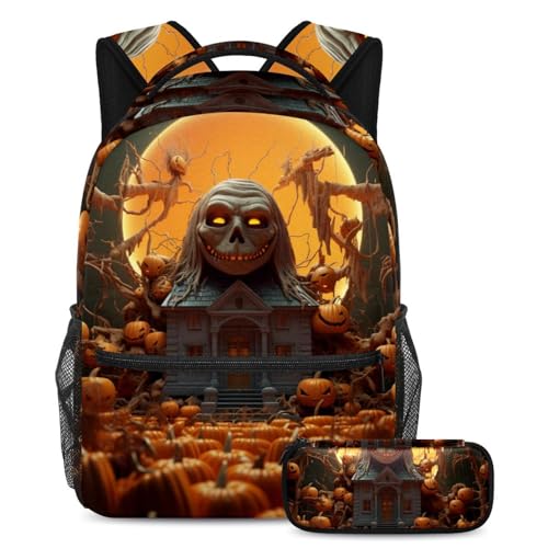 Happy Halloween Schulranzen-Set – Rucksack und Federmäppchen Combo für Schüler, Kinder, Jungen und Mädchen, Mehrfarbig #04, B：29.4x20x40cm P：19x7.5x3.8cm, Daypack Rucksäcke von Generic