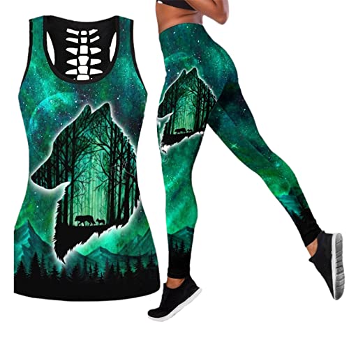 Harajuku 3D Wolf Druck Frauen Grün Zweiteiliges Yoga Set Weste Hollow Tank Top Sport Fitness Quick Dry Leggings, Tank und Legging, Large von Generic