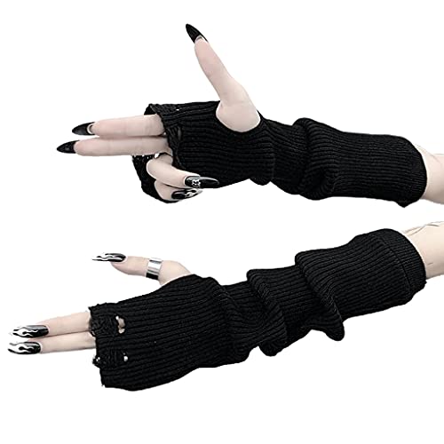 Frauen Gothic Punk Rippstrick Schwarz Fingerlose Handschuhe Harajuku Ripped Loch Ellenbogen Länge Fäustlinge Anime Cosplay Arm Warmer, Siehe Abbildung, As the picture shown von Generic