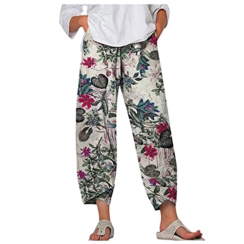 Haremshose Damen Blumen Drucken 7/8 Lang Leinenhose Sommerhose Hohe Taille weites Bein Freizeithose mit Taschen und Gummibund Bequeme Yogahose von Generic