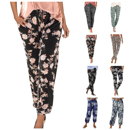 Haremshose Damen Pant Lange Schlupfhose Sommer Boho Strandhose Leicht Freizeithose Loose Casual Sommerhose Frauen Hose mit Taschen Straight Bein Hose Stoffhose Jogginghose Yogahose 2024 von Generic