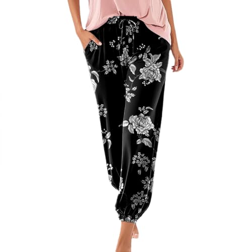 Haremshose Damen Sommer Elegant Blumendruck Freizeithose Boho Hose Damen Leicht Lange Schlupfhose High Wasit Yogahose Straight Bein Hosen mit Taschen Jogginghose von Generic