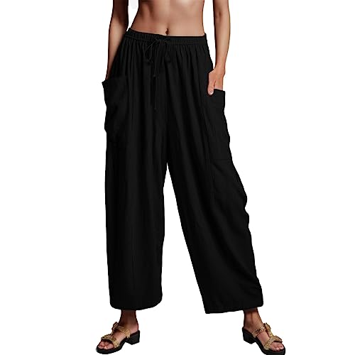 Haremshose Damen Weites Bein Pumphosen Lose 7/8 Freizeithose Hohe Taille Sommerhosen Elastischer Taille Hausehose Baggy Leicht Elegant Yogahose Weichen Komfortabel Stoffhose von Generic