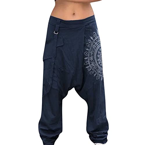 Haremshose Herren Baggy Lang Aladinhose Baumwolle Gemütliche Atmungsaktiv Nationaler Stil Druck mit Taschen Drawstring Gummibund Tiefer Schritt Entspannt Pluderhose Herren Dunkelblau 3XL von Generic