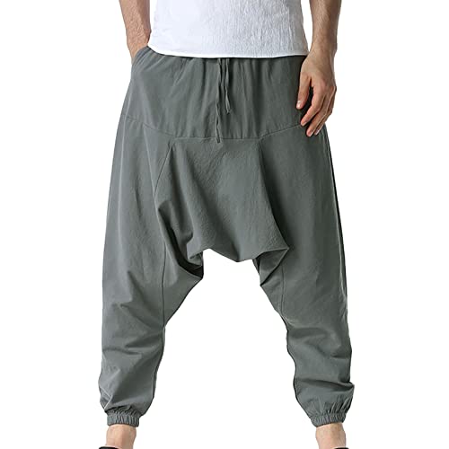 Haremshose Herren Baggy Lang Aladinhose Baumwolle Gemütliche Atmungsaktiv Nationaler Stil Druck mit Taschen Drawstring Gummibund Tiefer Schritt Entspannt Pluderhose Herren Dunkelgrau M von Generic