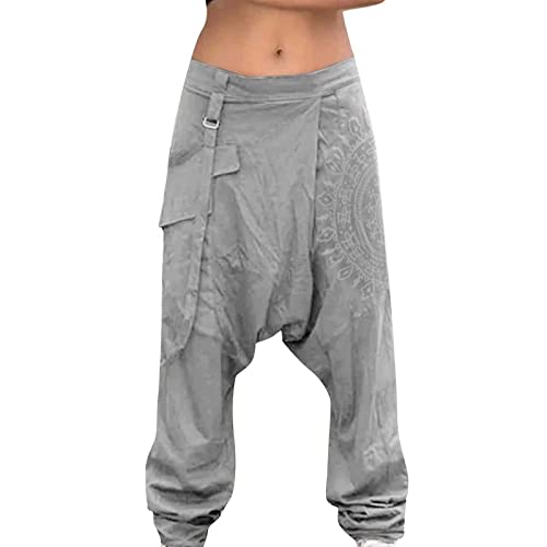 Haremshose Herren Baggy Lang Aladinhose Baumwolle Gemütliche Atmungsaktiv Nationaler Stil Druck mit Taschen Drawstring Gummibund Tiefer Schritt Entspannt Pluderhose Herren Grey 4XL von Generic