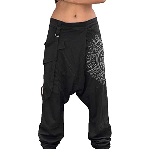 Haremshose Herren Baggy Lang Aladinhose Baumwolle Gemütliche Atmungsaktiv Nationaler Stil Druck mit Taschen Drawstring Gummibund Tiefer Schritt Entspannt Pluderhose Herren Schwarz 5XL von Generic