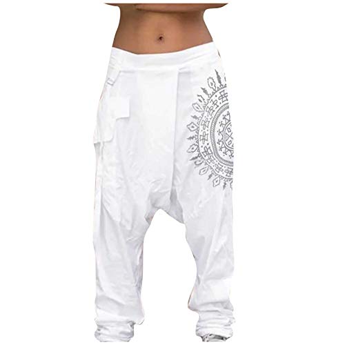 Haremshose Herren Baggy Lang Aladinhose Baumwolle Gemütliche Atmungsaktiv Nationaler Stil Druck mit Taschen Drawstring Gummibund Tiefer Schritt Entspannt Pluderhose Herren Weiß 5XL von Generic