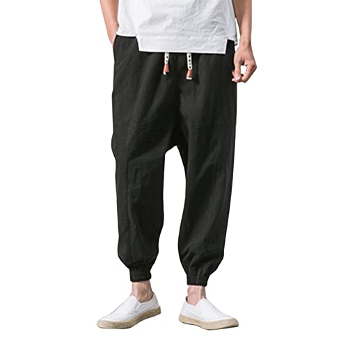 Haremshose Herren Baggy Leinen Japanisch Leinenhose Yoga Sommerhose Freizeithose mit Taschen Kordelzug Loose Casual Heimhose Atmungsaktiv Pluderhose Leichte Jogginghose Unifarben Lockere Outdoorhose von Generic