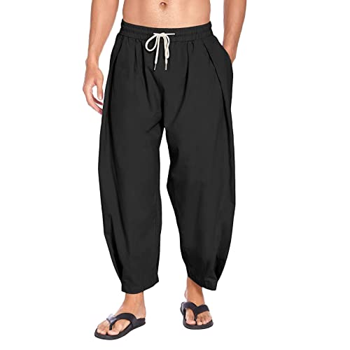 Haremshose Herren Baumwolle Leinen Hosen Freizeit Einfarbig Sporthose Leichte Lange Freizeithose mit Taschen Leinenhose Elastische Taillen Strand Hosen Yogahose für Herbst Winter von Generic