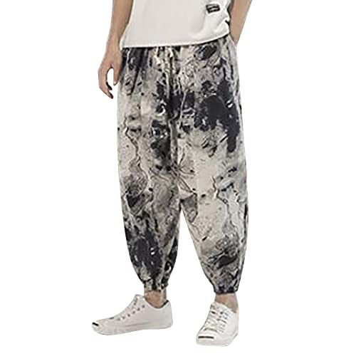 Haremshose Herren Leicht Leinenhosen Herren Lang Leichter Stoff Strandhose Herren Leinen Hosen Herren mit Kordel Baggy Stoffhose Freizeithose Jogginghose Cargohose Yogahose Grey 3XL von Generic