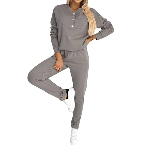 Hausanzug Damen Damen Jogginghose Baumwolle Women's Sportswear Hoodless Button Own Slim Fit Long Sleeved T Shirt Pants Two Piece Set Damen Loungewear Set Gym Set Damen 2 Teilig (Grey, S) von Generic