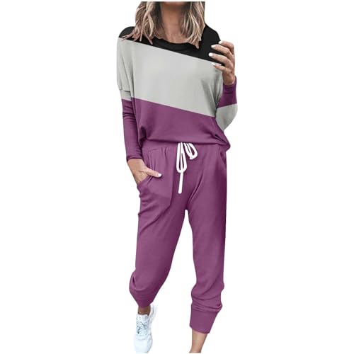 Hausanzug Damen Elegant Set Freizeitanzug 2 Teiler - Große Größen Jogginganzug Zweifarbig Pullover + Elastische Taille Jogginghose Zweiteiler Trainingsanzug Oversized Y2K Tracksuits von Generic