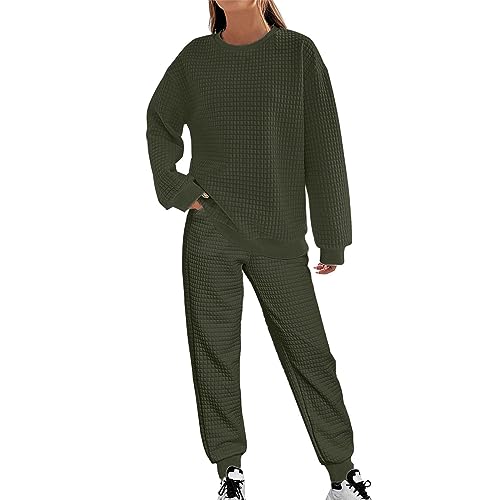 Hausanzug Damen Große Größen Waffel - Trainingsanzug Set Sweatshirt & Jogginghose Sportlich Freizeitanzug Hoodie Ohne Kapuzen + Sporthosen Zweiteiler Sets Einfarbig Elegante Sportanzug von Generic