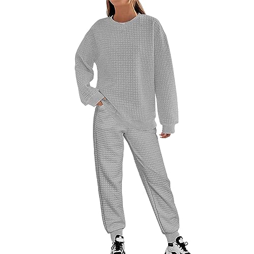 Hausanzug Damen Große Größen Waffel - Trainingsanzug Set Sweatshirt & Jogginghose Sportlich Freizeitanzug Hoodie Ohne Kapuzen + Sporthosen Zweiteiler Sets Einfarbig Elegante Sportanzug von Generic