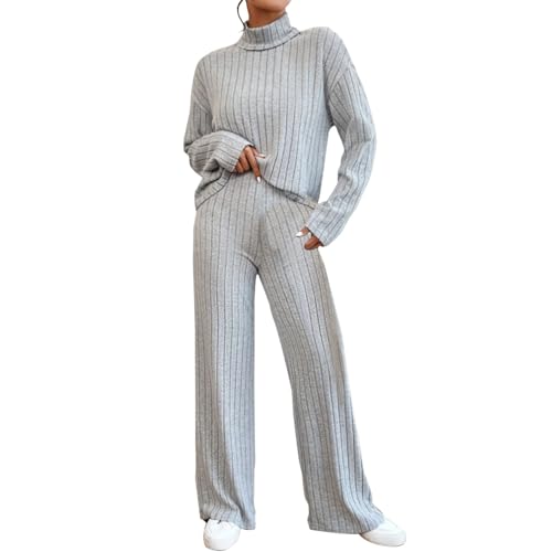 Hausanzug Damen Winter Strick - Freizeitanzug,Mit Rollkragenpullover + High Waist Jogginghose,Einfrabig Elegant Hosenanzug,Gerippte Trainingsanzug,Loungewear Jogginganzug,Baggy Schlafanzug von Generic