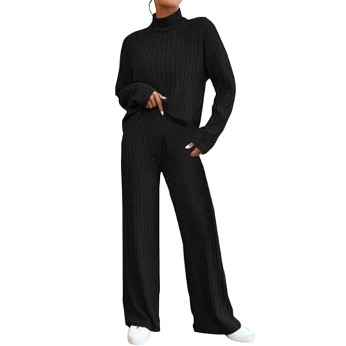 Hausanzug Damen Winter Strick - Freizeitanzug,Mit Rollkragenpullover + High Waist Jogginghose,Einfrabig Elegant Hosenanzug,Gerippte Trainingsanzug,Loungewear Jogginganzug,Baggy Schlafanzug von Generic