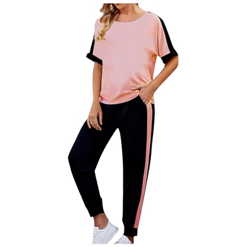 Hausanzug Damen Zweiteiler Freizeitanzug Kurzarm Gerippt Strickpullover mit Lange Hose Lounge Set Rundhalsausschnitt Freizeit Outfit von Generic