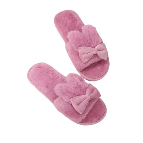 Hausschuhe Damen Niedlich Kaninchen Bogen Winter Rutschfest Gemütlich Fleece Gefüttert Offene Zehe Haushalt Pantoffeln 40-41 EU,Lila von Generic