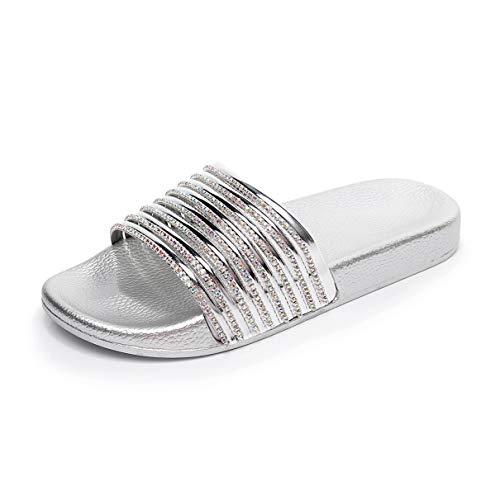 Hausschuhe Damen PVC Bequem Sandalen Frauen Sommer mit Glitzer Strass Bling Pantoletten Badeschuhe Weich Freizeit FlipFlop Slipper Strand Sandalen (Silber, numeric_40) von Generic