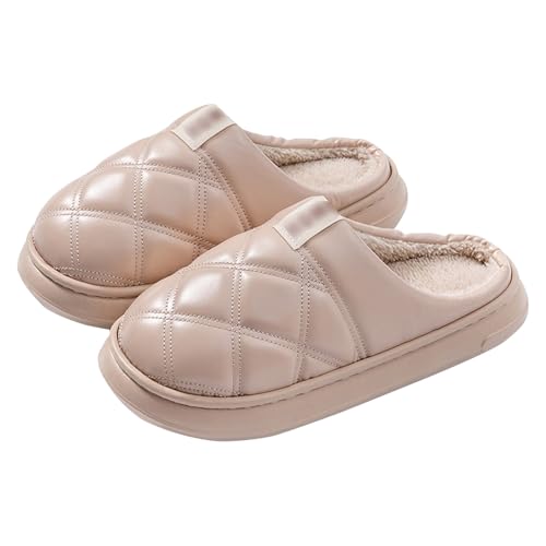 Hausschuhe Damen Pantoletten mit Fleecefutter Winter Wärme PU Pantoffeln Mode Gemütliche rutschfeste Flauschige Hausschlappen Drinnen Filzpantoffeln Bequeme Slippers von Generic