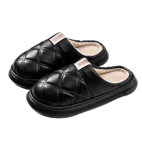 Hausschuhe Damen Pantoletten mit Fleecefutter Winter Wärme PU Pantoffeln Mode Gemütliche rutschfeste Flauschige Hausschlappen Drinnen Filzpantoffeln Bequeme Slippers von Generic