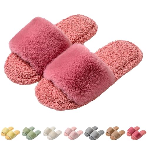 Hausschuhe Damen Plüsch Pink, Winterschuhe Damen Gefüttert Elegant Hausschlappen Flach Schlupfschuhe Offen Baumwollhausschuhe Rutschfest Haushaltsschuhe Slip On Hauspantoffeln von Generic