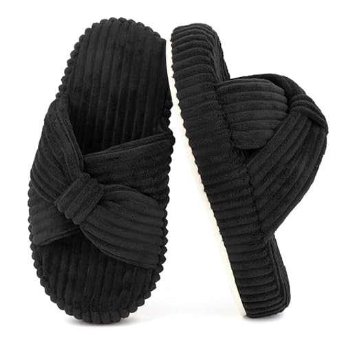 Hausschuhe Damen Winter Cord Warm Bequem Pantoffeln Frauen Weich Rutschfest Offene Zehe Hausschuhe Schwarz,38-39 EU von Generic