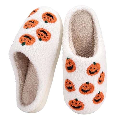 Hausschuhe Halloween Jungen Mädchen Superfit Plüsch Pantoffeln Halloweendeko Unisex Kinder Süß Sürbis Geist Winter Warm Flauschige Slippers Bequem Weiche Fuzzy Schuhe Lustige (5-White, 42) von Generic