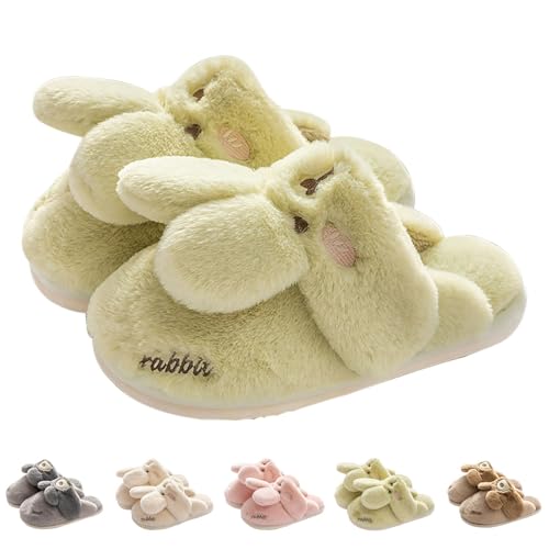 Hausschuhe Plüsch Mädchen Süße Hase Flauschige Pantoffeln Slippers Kinder Kleinkind Winter Weiche Warme rutschfest Hausschuhe Indoor Bequeme Furry Niedliche Tiere (Light Green, 35.5 Big Kids) von Generic