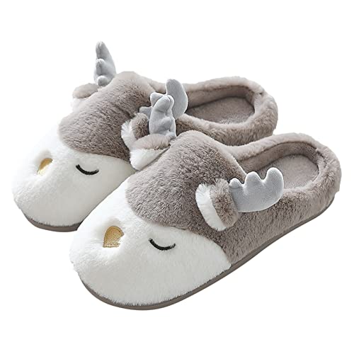 Hausschuhe Weihnachten Hirsch Baumwolle Warme Pantoffeln rutschfeste Sohlen Niedlich Plüsch Home Indoor Slippers für Herbst und Winter Damen Sandal Herren Damen Elch Hausschuhe Warm Xmas Geschenk von Generic