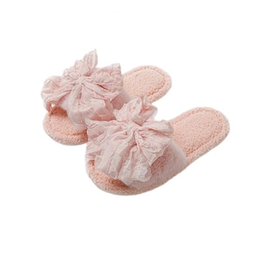 Hausschuhe für Damen Niedliche Bogen Leichte Offene Zehe Fleece Futter Furry Lässig Baumwoll Pantoffeln 39-40 EU,Rosa von Generic