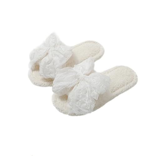 Hausschuhe für Damen Niedliche Bogen Leichte Offene Zehe Fleece Futter Furry Lässig Baumwoll Pantoffeln 41-42 EU,Weiß von Generic