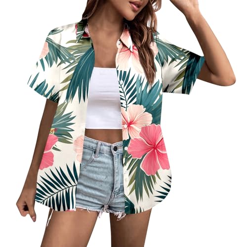 Hawaii Hemd Damen Kurzarm Shirt Sommer Hawaii Bluse Hawaiihemd Strandshirt Funky Hawaiibluse Fronttasche Party HawaiiHemden Frauen Hawaiihemd Outfit Damen HawaiiPrint Casual Hemdbluse Shirt Tops von Generic