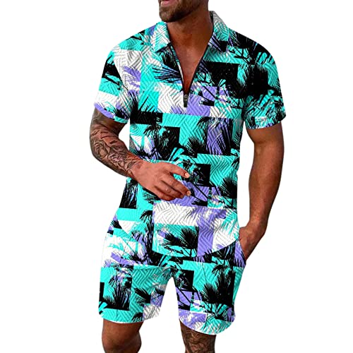 Hawaii Hemd Herren Zweiteiler Hawaii-Shirt Mode Sommer Hemnd Strand Party-Hemd Revers Reißverschluss Poloshirt und Shorts Casual Beach Urlaub 2-Teiler Kurzarm 3D Drucken Anzug Mode Männerkleidung von Generic