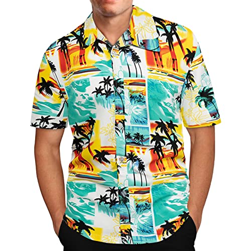 Hawaii Hemd Männer Kurzarm Hemden Fronttasche Oversize Sommer Freizeithemden Aloha Shirt Strand Beach Funky Hawaiihemd Stehkragenhemd Beach Farben Gelb 3XL von Generic