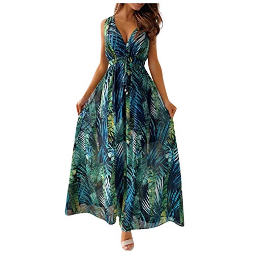 Hawaii Kleid Damen Lang V Ausschnitt Maxikleider Sommer Blumen Ärmellos Rückenfrei Strandkleid Frauen Schnürung A Linie Elegant Muster Luftige Sommerkleider Luftig Schöne Sommerkleid Strand von Generic