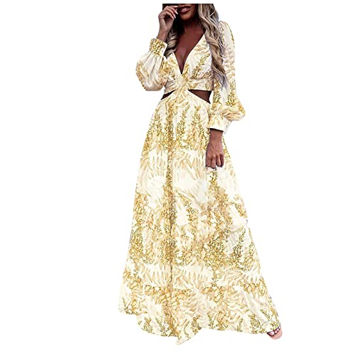 Hawaii Kleid Strand Lang V Ausschnitt Strandkleid Damen Langarm Cut Out Sommerkleid Damen mit Knopfleiste Luftige Sommerkleider A Linie Geblümt Maxikleid Frauen Sommer Muster Elegant Luftig von Generic