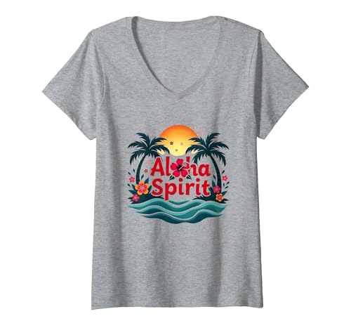 Hawaiian Aloha Spirit Tropical Paradise für Herren T-Shirt mit V-Ausschnitt, Damen, Grau Meliert, XL von Generic