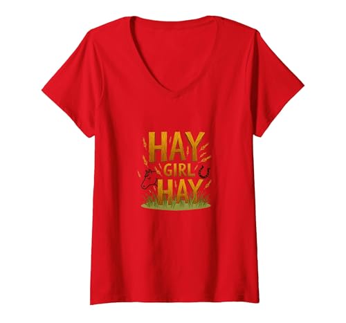 Hay Girl Heu Pferde Reitsport Humor Cowgirl Spruch T-Shirt mit V-Ausschnitt, Damen, Rot, L von Generic