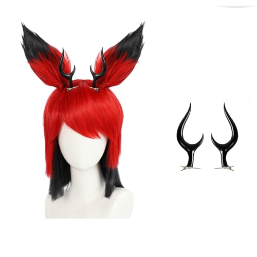 Hazbin Alastor Cosplay Perücke Hazbin Alastor Hotel Cosplay Dämon Kurze Schwarz Rote Perücke 2 * Abnehmbare Ohren 2 * Hörner Haarspangen von Generic