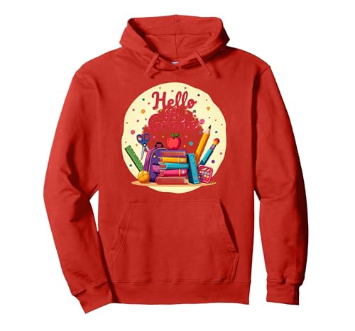 Hello Grafik mit Schulmaterial für Mädchen der 4. Klasse für den ersten Tag Pullover Hoodie, Unisex für Erwachsene, Rot, XL von Generic