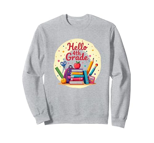 Hello Grafik mit Schulmaterial für Mädchen der 4. Klasse für den ersten Tag Sweatshirt, Unisex für Erwachsene, Grau Meliert, S von Generic